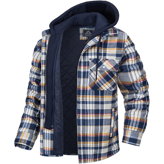 Men's Plaid Hooded Coat Winter Warm Button Zip-up Jacket Fashion