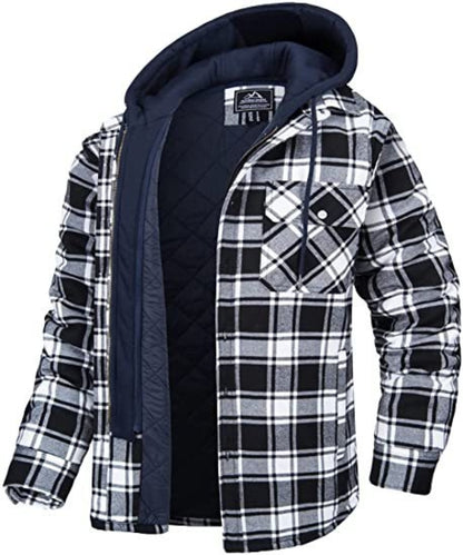 Men's Plaid Hooded Coat Winter Warm Button Zip-up Jacket Fashion
