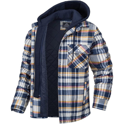 Men's Plaid Hooded Coat Winter Warm Button Zip-up Jacket Fashion